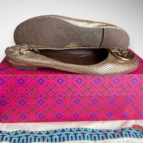 Tory Burch Gold Snakeskin Embossed Leather Reva Logo Ballerina Flats Sz 7(M) - Picture 13 of 14